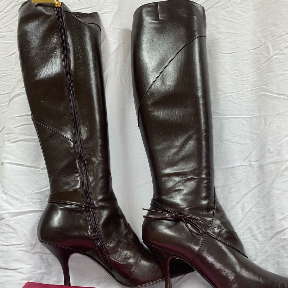 Michel Perry Dark Brown Leather Knee-High Heeled Boots